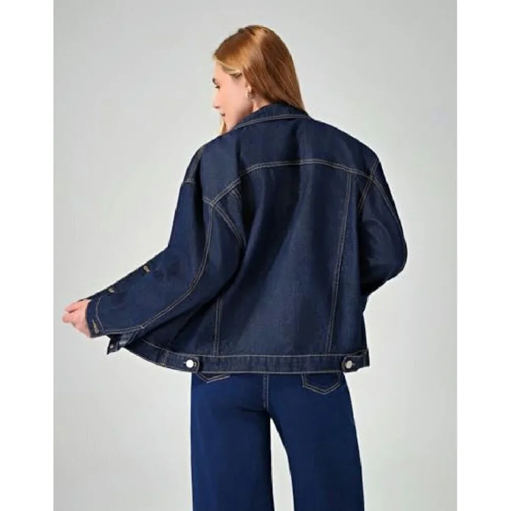 Oversized Denim Jacket with Flap Pockets Casual Women's Coat